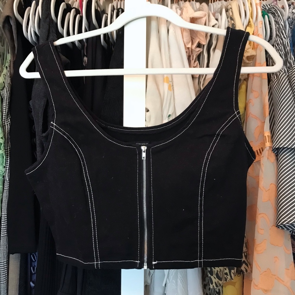 ❌F21 Topstitched Denim Zip-Front Cropped Top - Picture 9 of 12